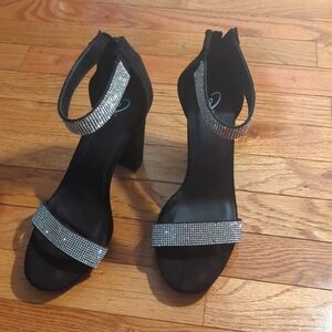 Black Nubuck Ankle strap heeled sandals with Rhinestones